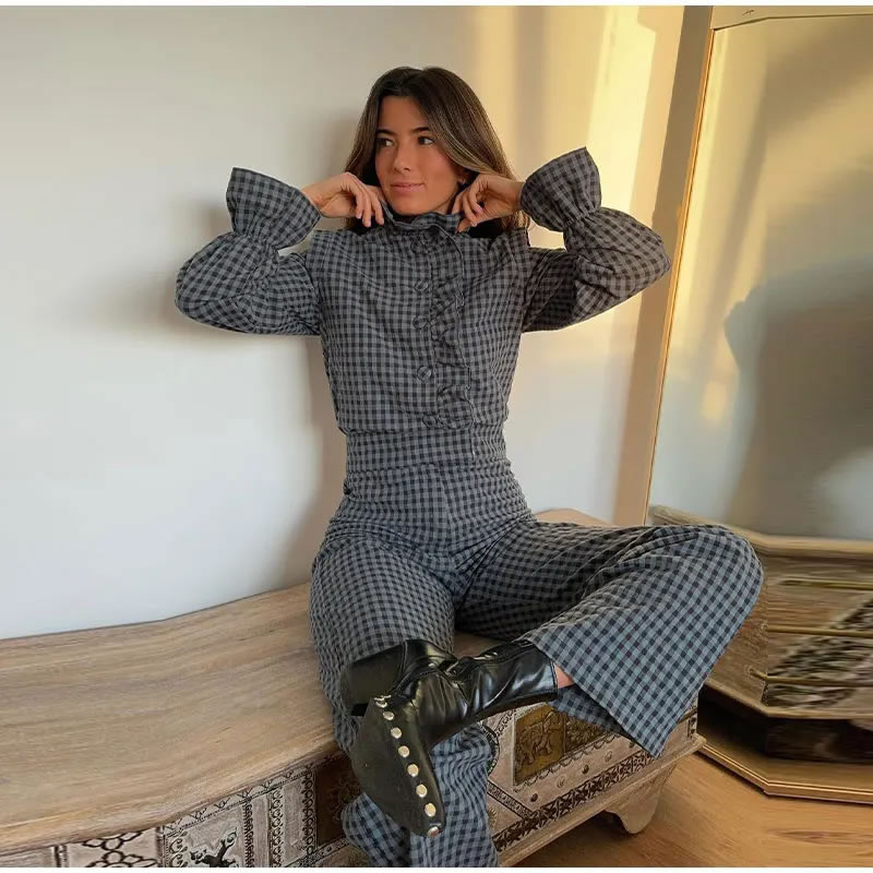 Fashion Plaid Polyester Checked Jumpsuit,T-shirts