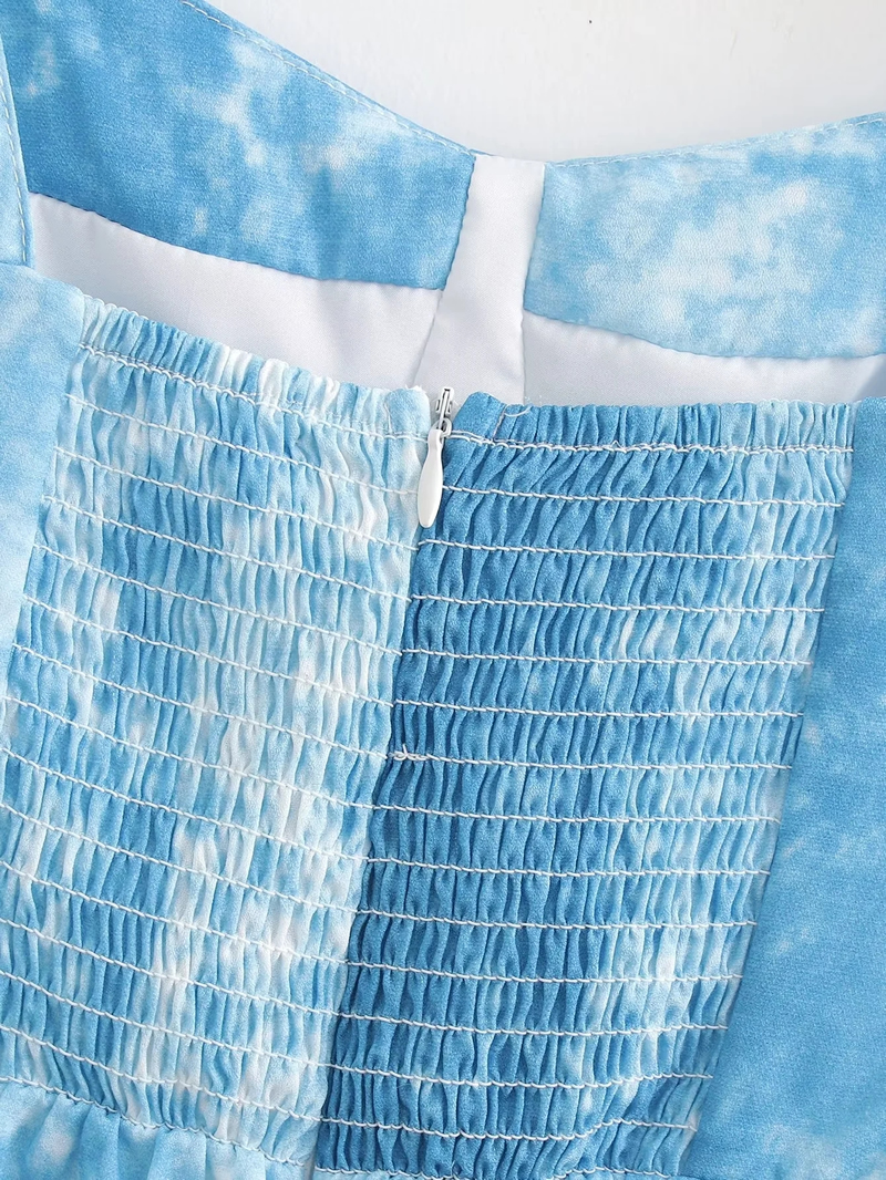 Fashion Blue Polyester Printed Suspender Knee-length Skirt,Knee Length
