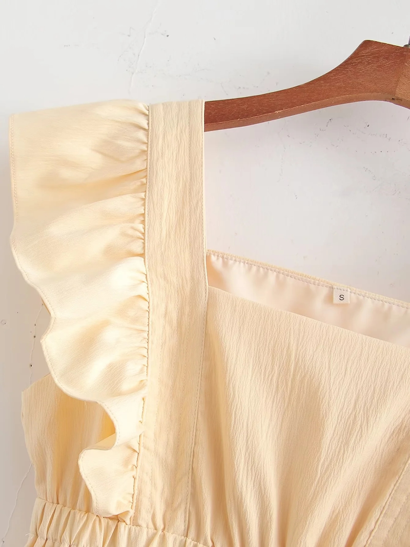 Fashion Yellow Polyester Square Neck Ruffle Skirt,Mini & Short Dresses