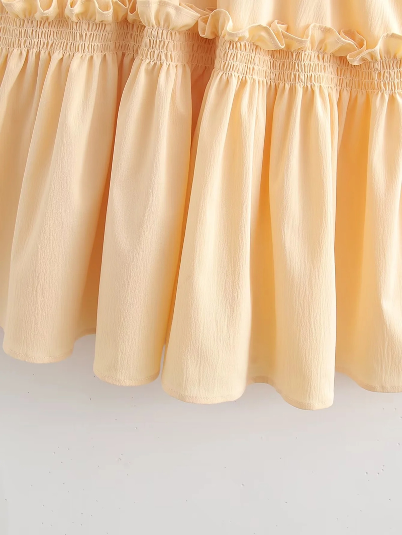 Fashion Yellow Polyester Square Neck Ruffle Skirt,Mini & Short Dresses