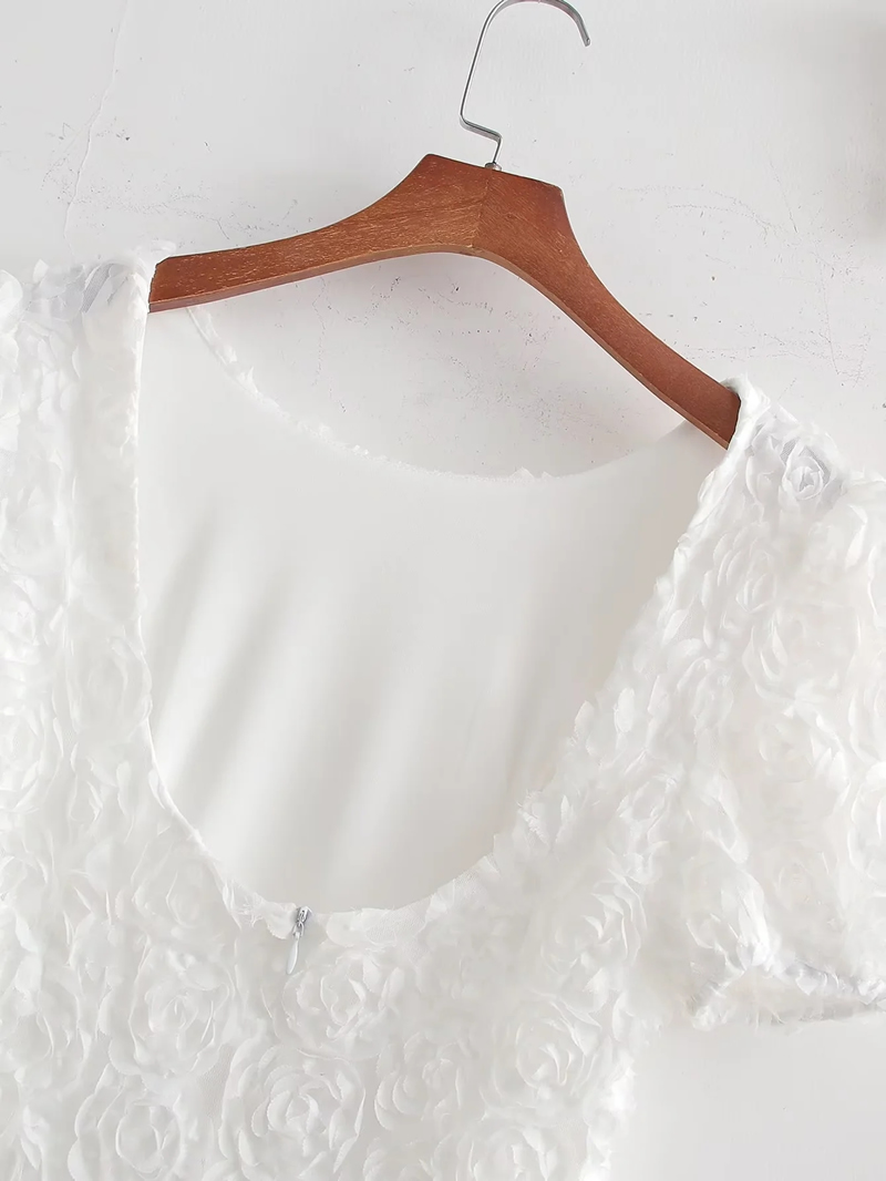 Fashion White Textured Three-dimensional Flower Skirt,Mini & Short Dresses