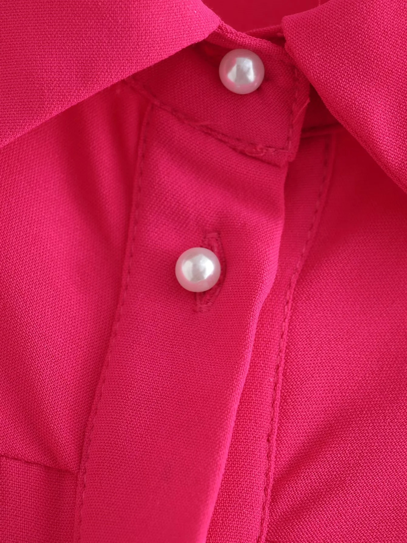Fashion Rose Red Polyester Lapel Button-down Shirt,Blouses