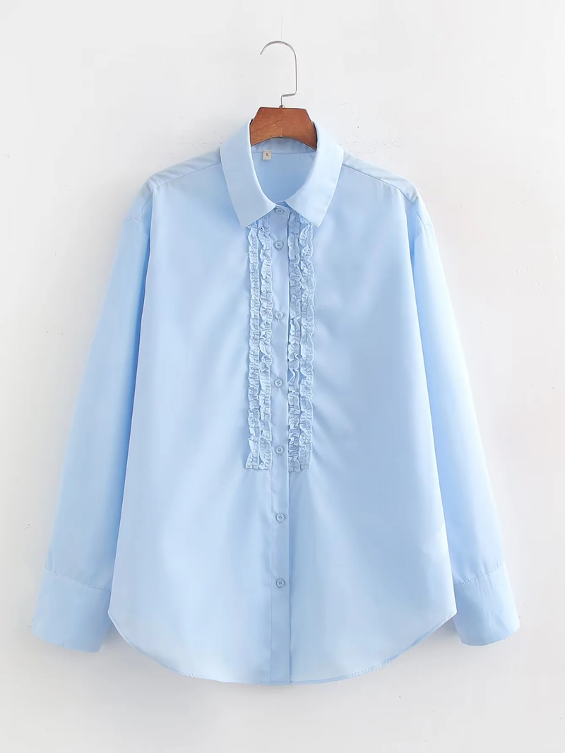 Fashion Blue Chest Tiered Lapel Shirt,Blouses