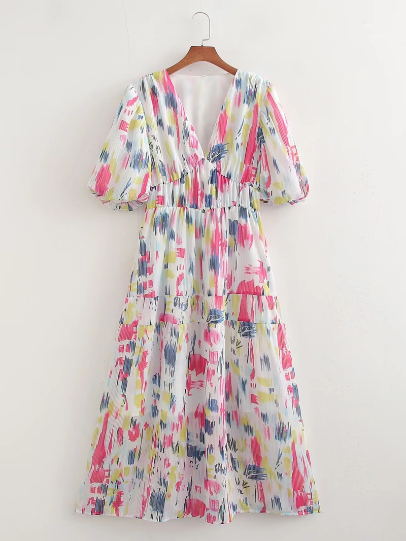 Fashion Printing Chiffon V-neck Printed Puff Sleeve Long Dress,Long Dress