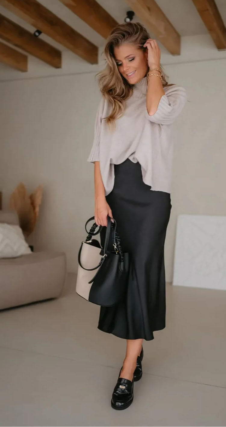 Fashion Black Silk Satin Glossy Skirt,Skirts