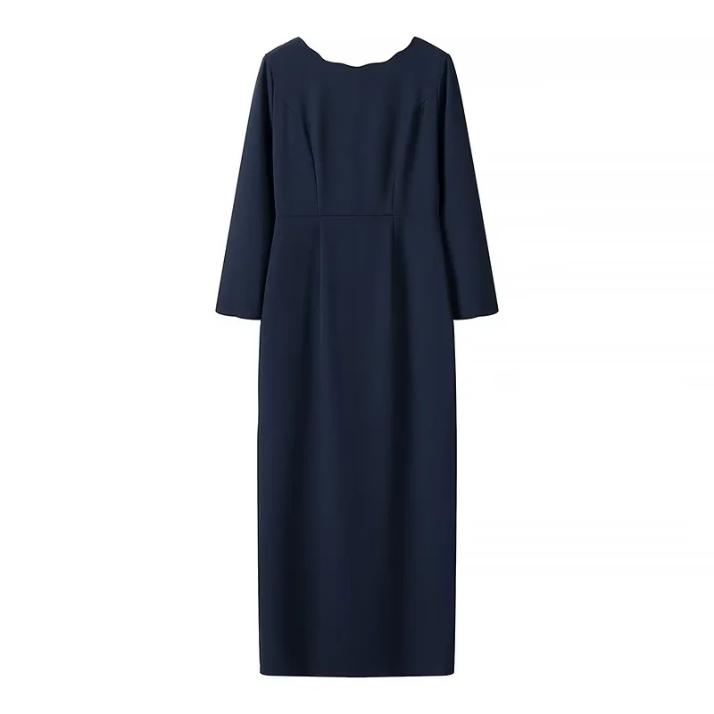 Fashion Navy Blue Polyester V-neck Bow Long Skirt,Long Dress