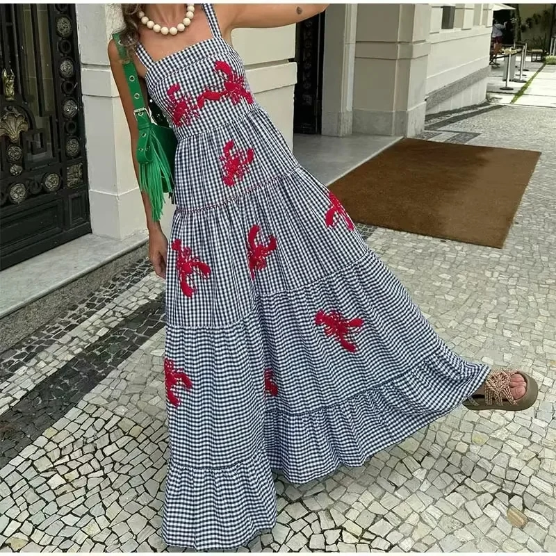 Fashion Lattice Polyester Embroidered Plaid Suspender Long Skirt,Long Dress