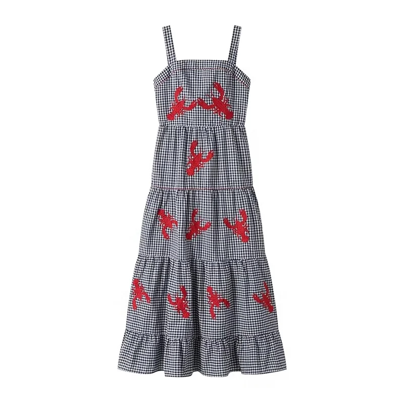 Fashion Lattice Polyester Embroidered Plaid Suspender Long Skirt,Long Dress