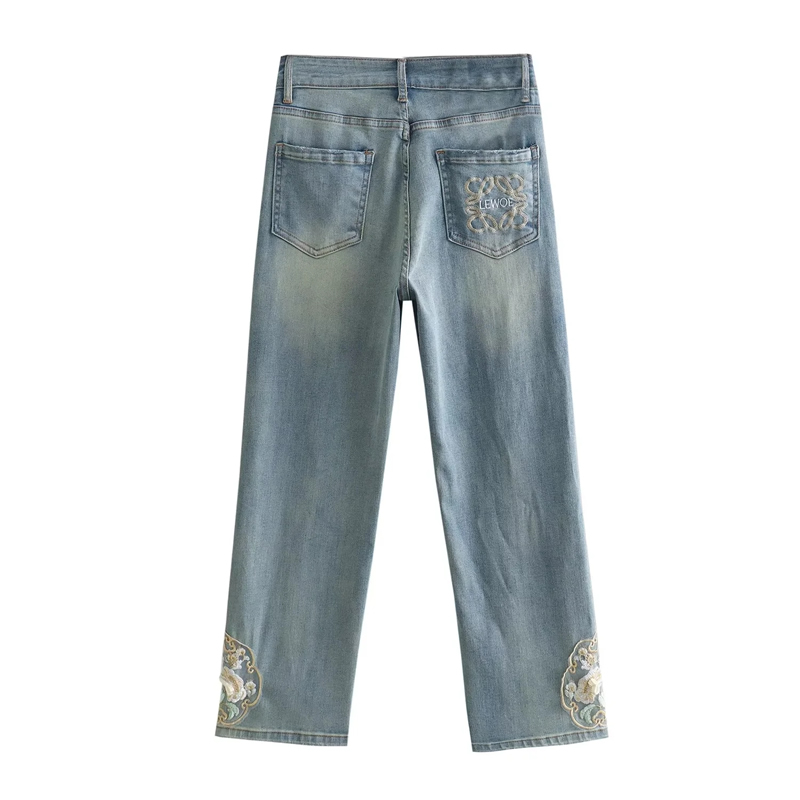 Fashion Denim Blue Cropped Straight-leg Jeans With Embroidered Patches,Denim