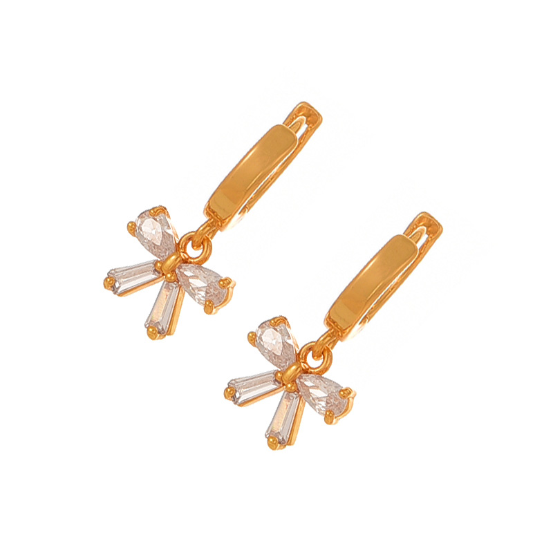 Fashion Golden 2 Copper Inlaid Zircon Bow Drop Earrings,Earrings