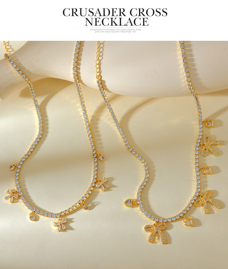 Fashion Golden 2 Copper Inlaid Zircon Bow Love Pendant Necklace,Necklaces