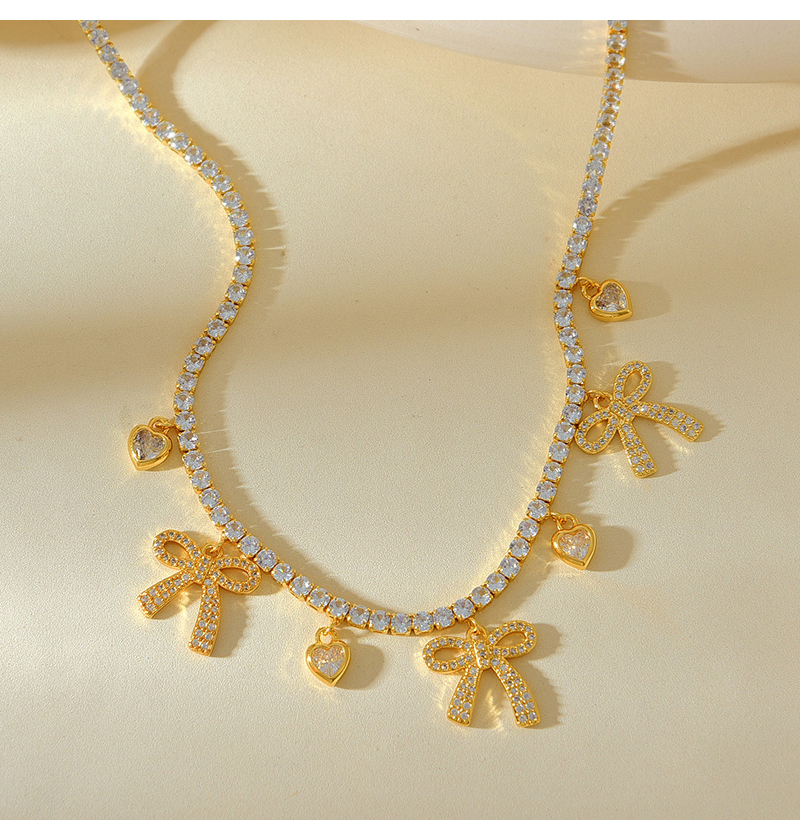 Fashion Golden 2 Copper Inlaid Zircon Bow Love Pendant Necklace,Necklaces