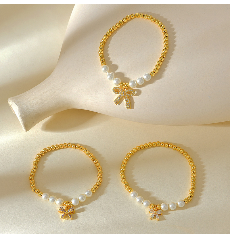 Fashion Golden 3 Copper Set Zirconia Bow Pendant Beaded Pearl Bracelet,Bracelets