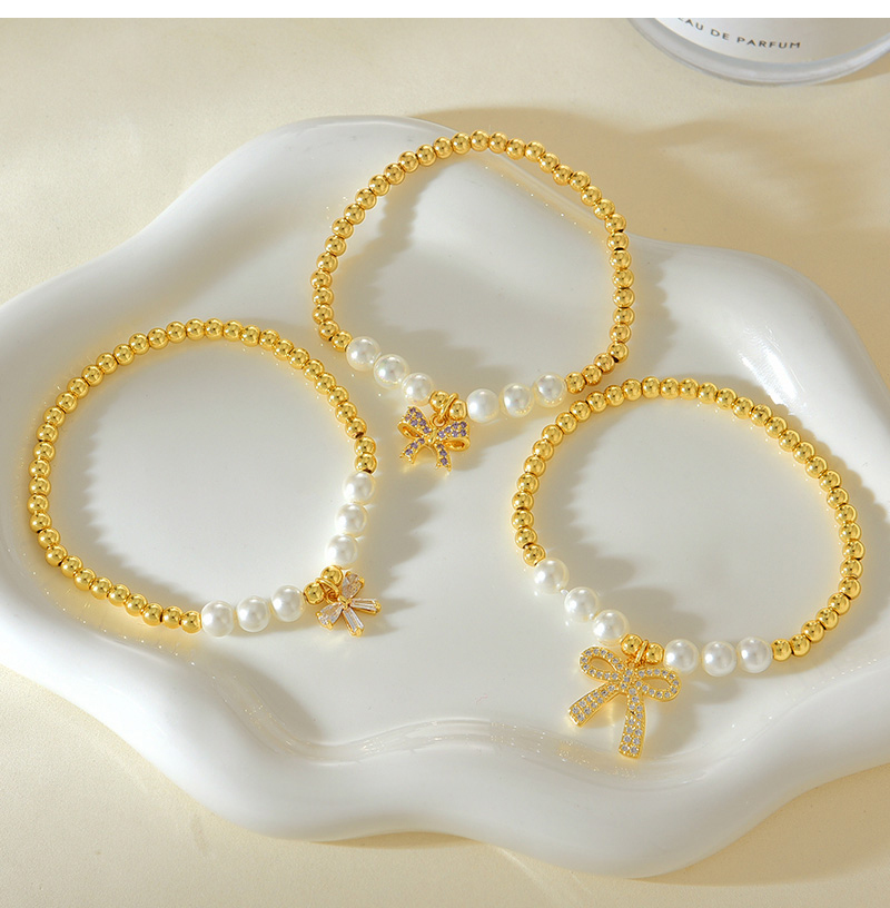 Fashion Golden 1 Copper Set Zirconia Bow Pendant Beaded Pearl Bracelet,Bracelets