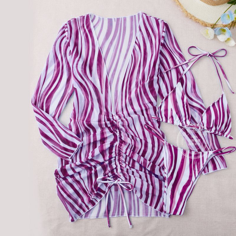 Fashion Purple And White Strips Polyester Vertical Pattern Halterneck Split Swimsuit Bikini Three-piece Set,Bikini Sets