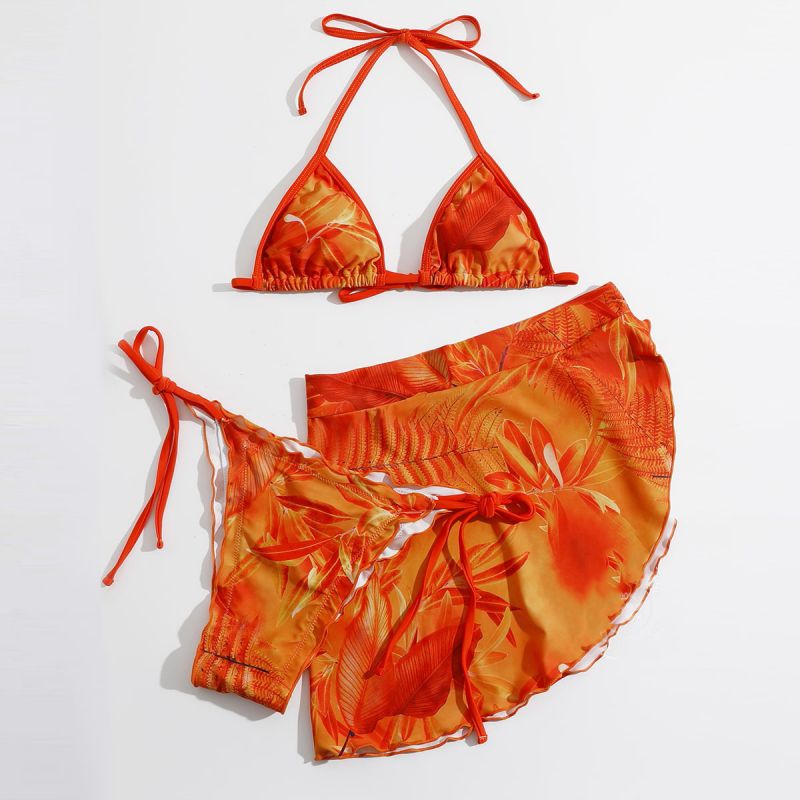 Fashion Orange Print Polyester Printed Halter Neck Split Swimsuit Bikini Three-piece Set,Bikini Sets