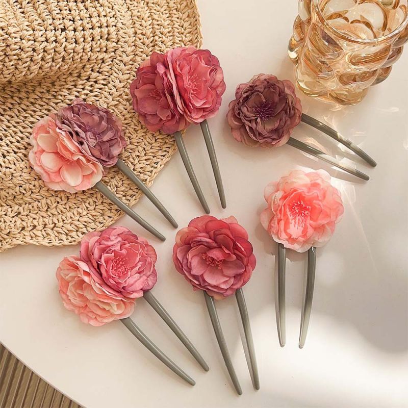 Fashion Double Rose Powder Fabric Flower U-shaped Hairpin,Hairpins