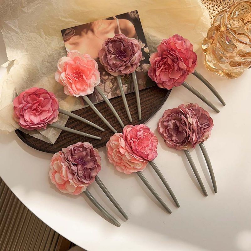 Fashion Gouache + Rose Pink Fabric Flower U-shaped Hairpin,Hairpins