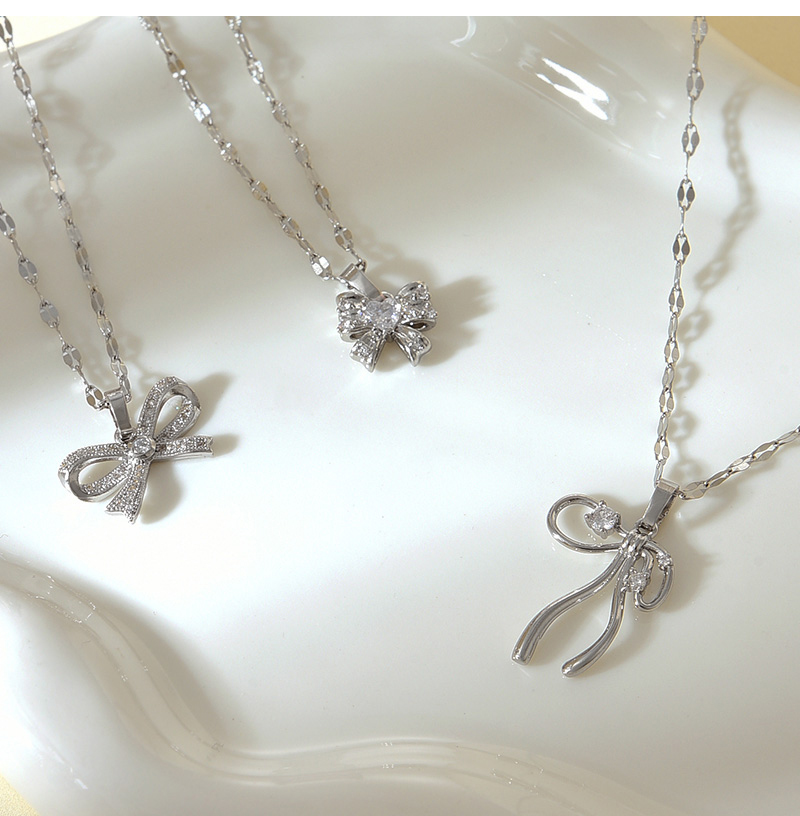 Fashion Silver 3 Titanium Steel With Zirconium Bow Pendant Necklace,Necklaces