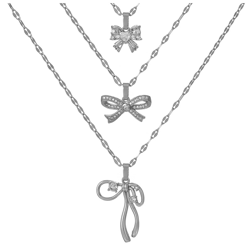 Fashion Silver 3 Titanium Steel With Zirconium Bow Pendant Necklace,Necklaces