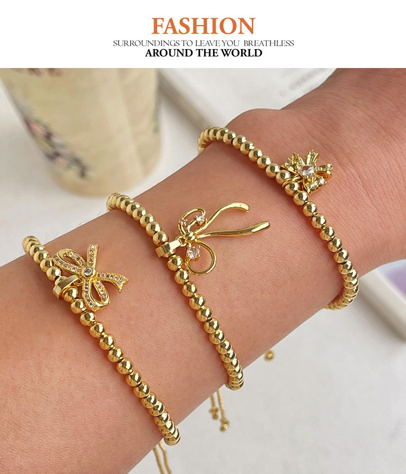 Fashion Golden 3 Copper Set Zircon Bow Pendant Beaded Bracelet,Bracelets