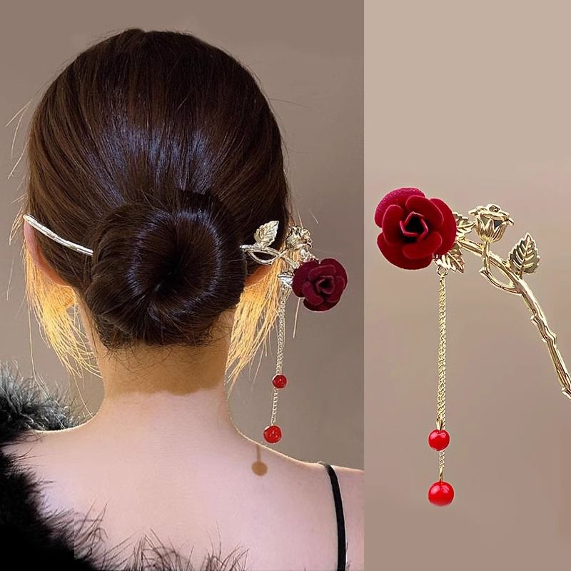 Fashion 5# Twin Red Rose Hairpin Metal Flower Hairpin,Hairpins