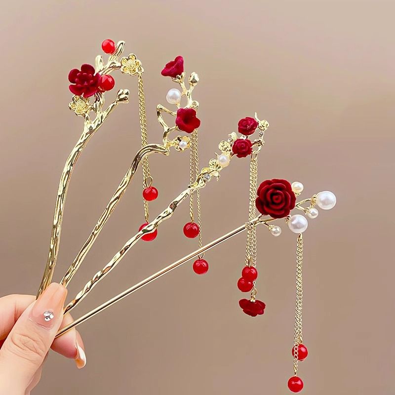 Fashion 4# Red Camellia Hairpin Metal Flower Hairpin,Hairpins