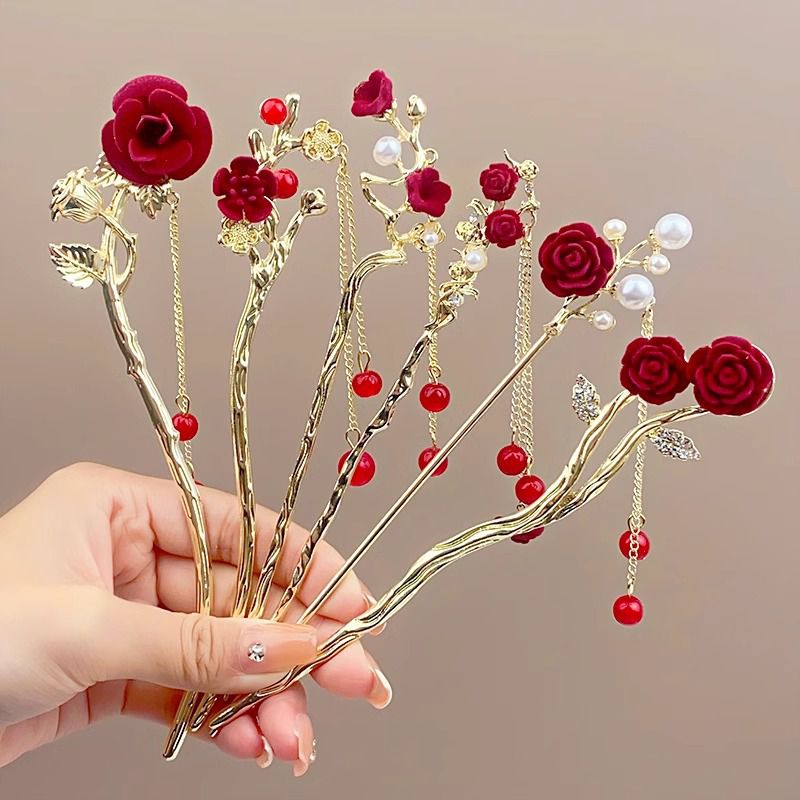 Fashion 6# Pearl Rose Hairpin Metal Flower Hairpin,Hairpins