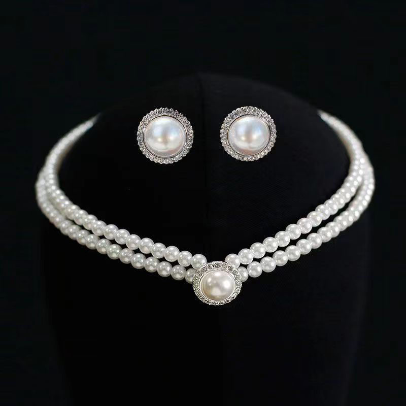 Fashion Silver Ear Clip Style Alloy Diamond Pearl Necklace And Earrings Set,Jewelry Sets