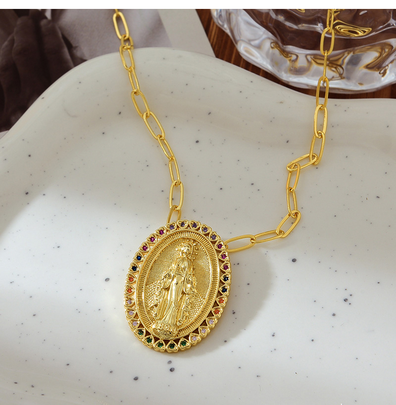 Fashion Gold Copper Inlaid Zircon Heart Oval Portrait Pendant Necklace,Necklaces