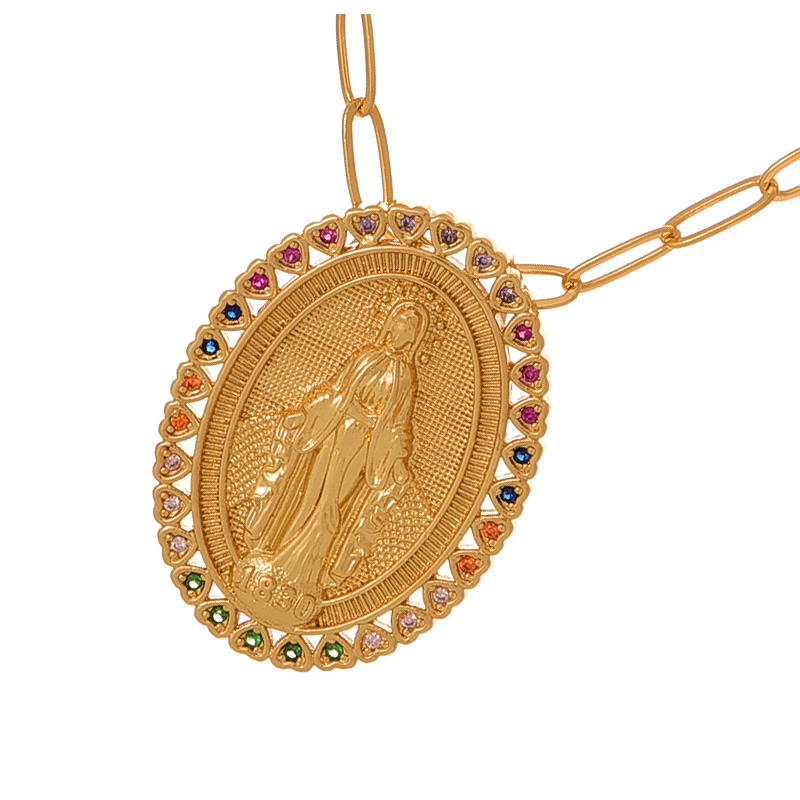 Fashion Gold Copper Inlaid Zircon Heart Oval Portrait Pendant Necklace,Necklaces