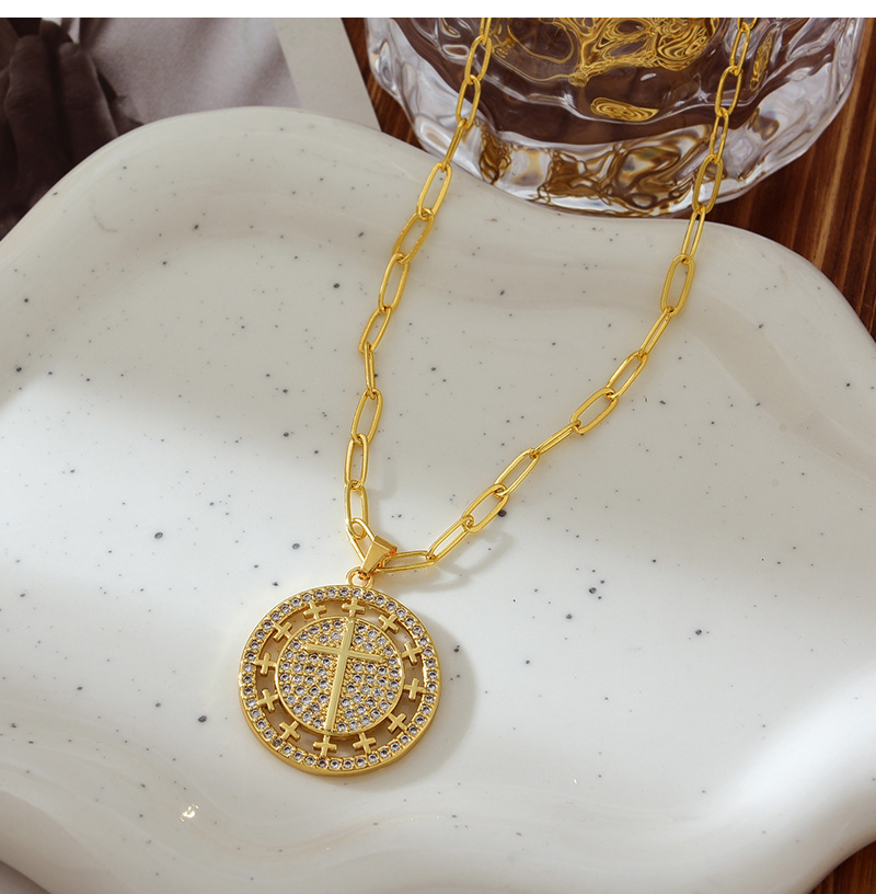 Fashion Gold Copper Set Zirconia Round Cross Pendant Necklace,Necklaces