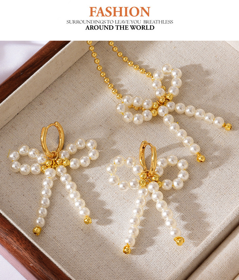 Fashion Golden 2 Pearl Bow Pendant Bead Earrings,Earrings