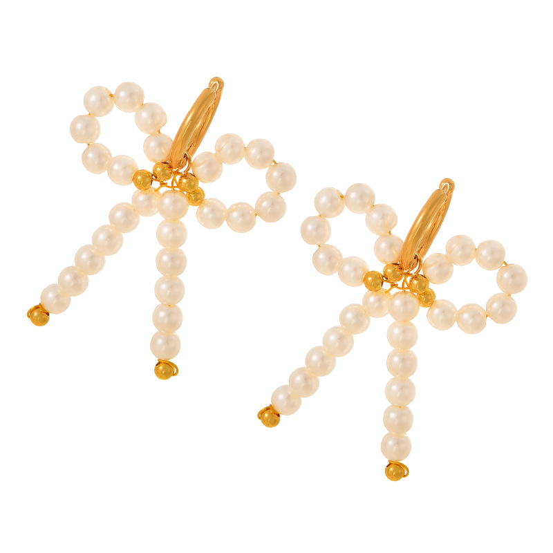 Fashion Golden 2 Pearl Bow Pendant Bead Earrings,Earrings
