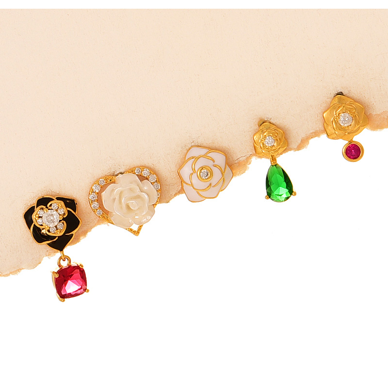 Fashion Gold Copper Inlaid Zircon Oil Drop Flower Water Drop Pendant Earring Set Of 6 Pieces,Earring Set