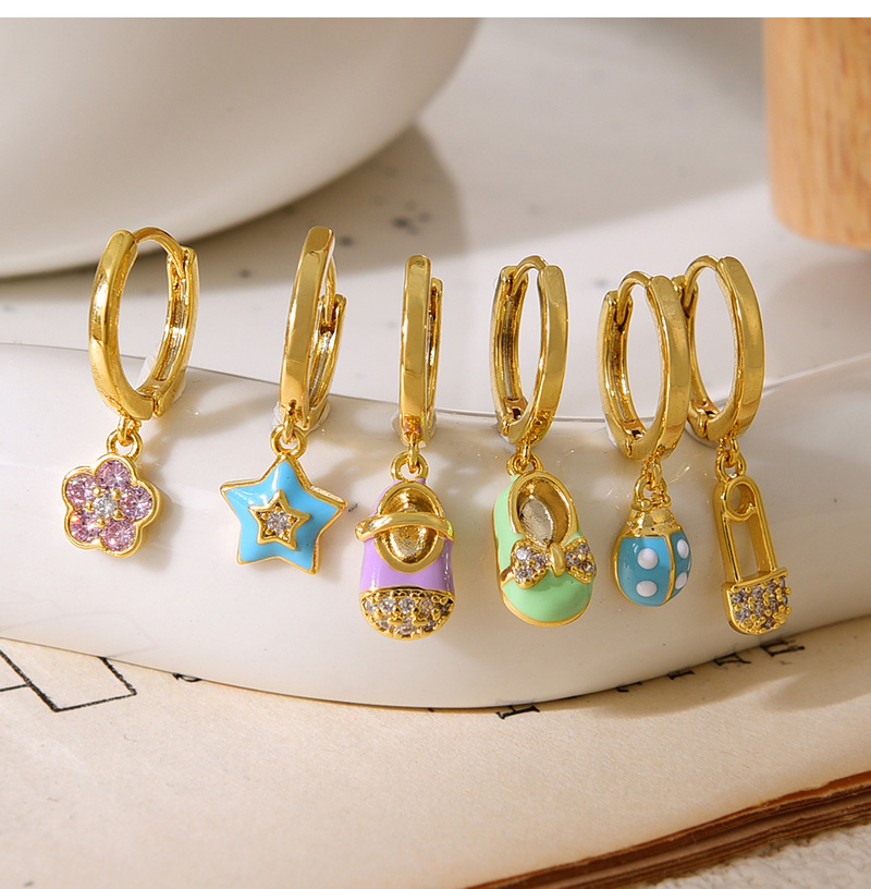 Fashion Gold Copper Inlaid Zircon Drip Oil Flower Shoes Five-pointed Star Pendant Earrings Set Of 6,Earring Set