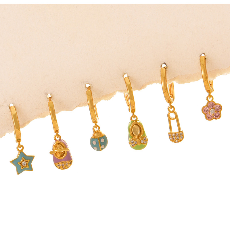 Fashion Gold Copper Inlaid Zircon Drip Oil Flower Shoes Five-pointed Star Pendant Earrings Set Of 6,Earring Set
