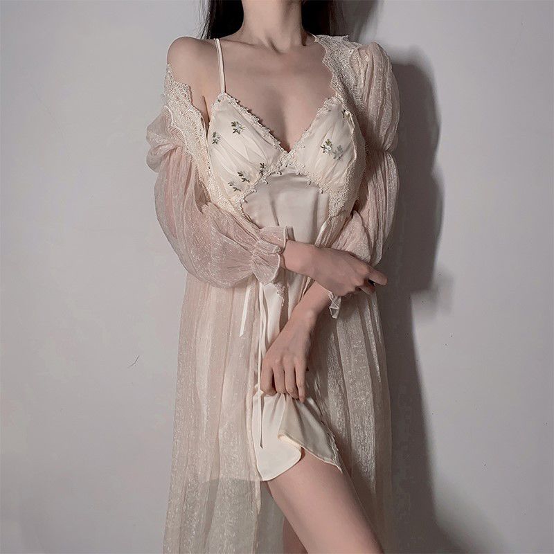 Fashion Champagne Color Robe Small Floral Padded Nightgown + Robe,SLEEPWEAR & UNDERWEAR