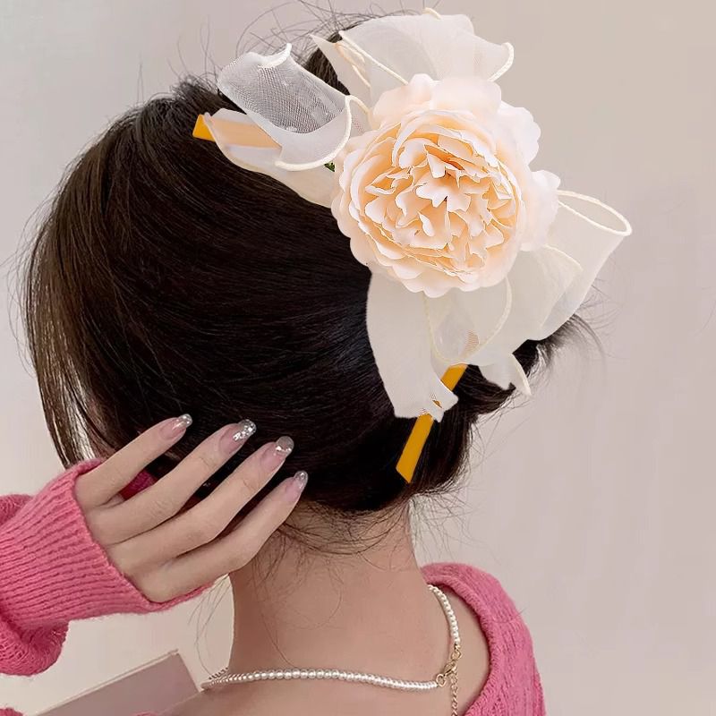 Fashion 1# Orange Pink Lisianthus Clip [same Style As Model] Simulated Flower Bow Gripper,Hair Claws