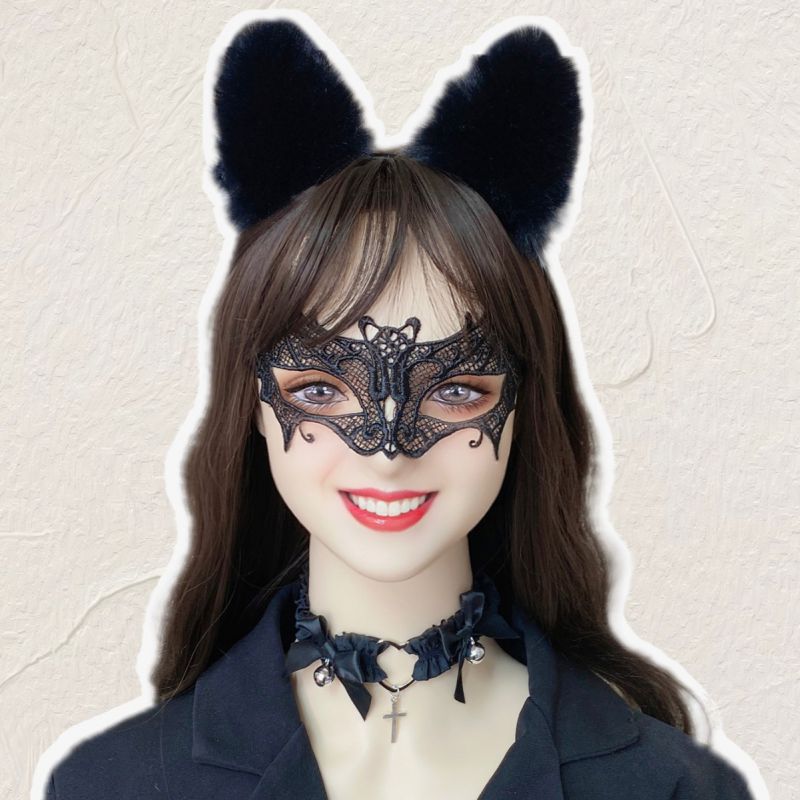 Fashion Three Piece Set Fabric Cat Ear Headband Lace Bat Eye Mask Collar Set,Head Band