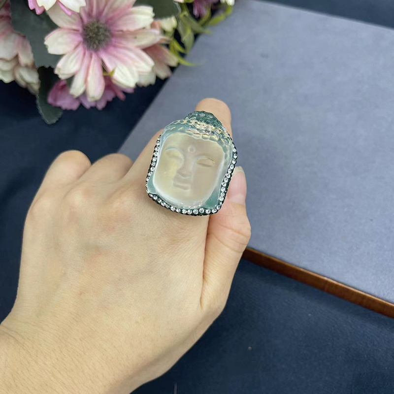 Fashion Green Diamond Glass Crystal Buddha Head Ring,Fashion Rings