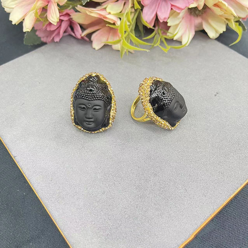 Fashion Black Frosted Glass Buddha Head Ring,Rings