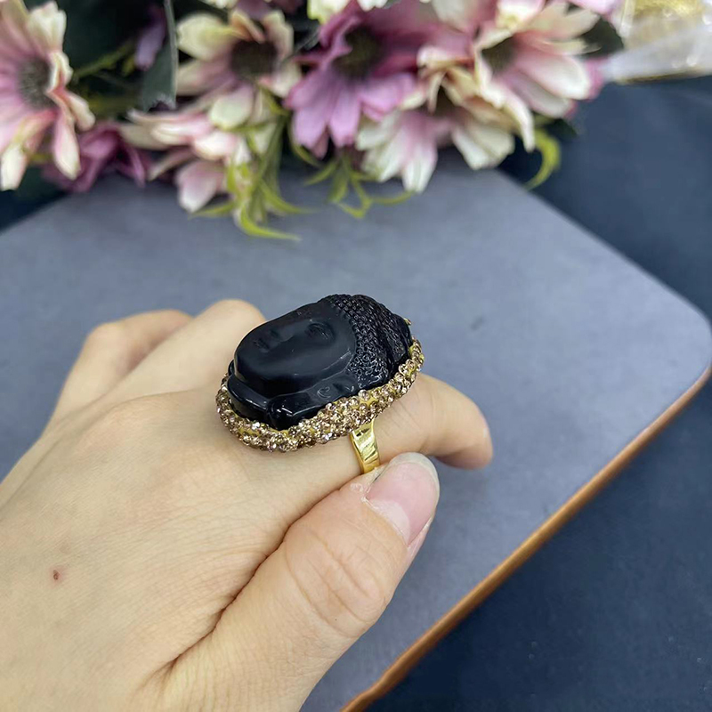 Fashion Black Frosted Glass Buddha Head Ring,Rings