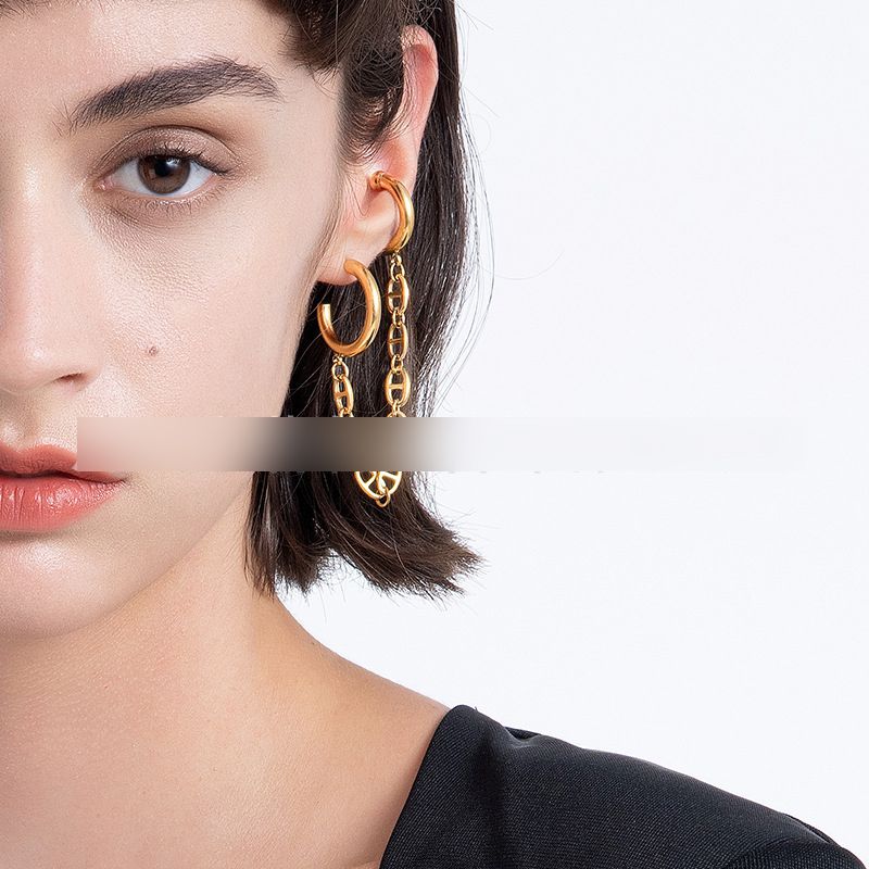 Fashion Silver Titanium Steel Chain C-shaped Earrings,Earrings