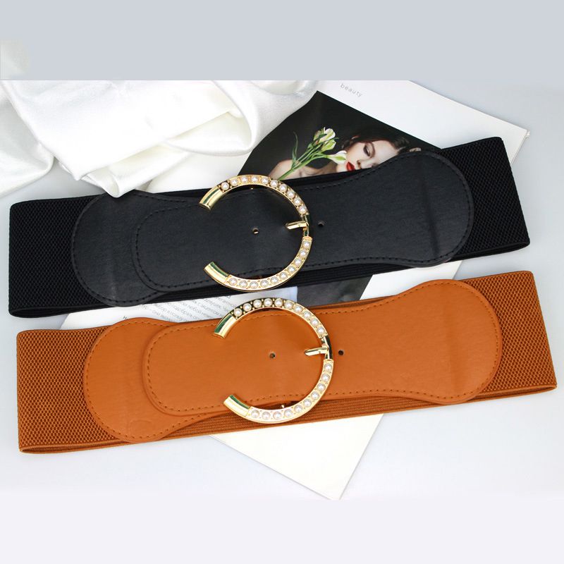 Fashion Black Wide Belt With Metal Pearl Round Buckle,Wide belts
