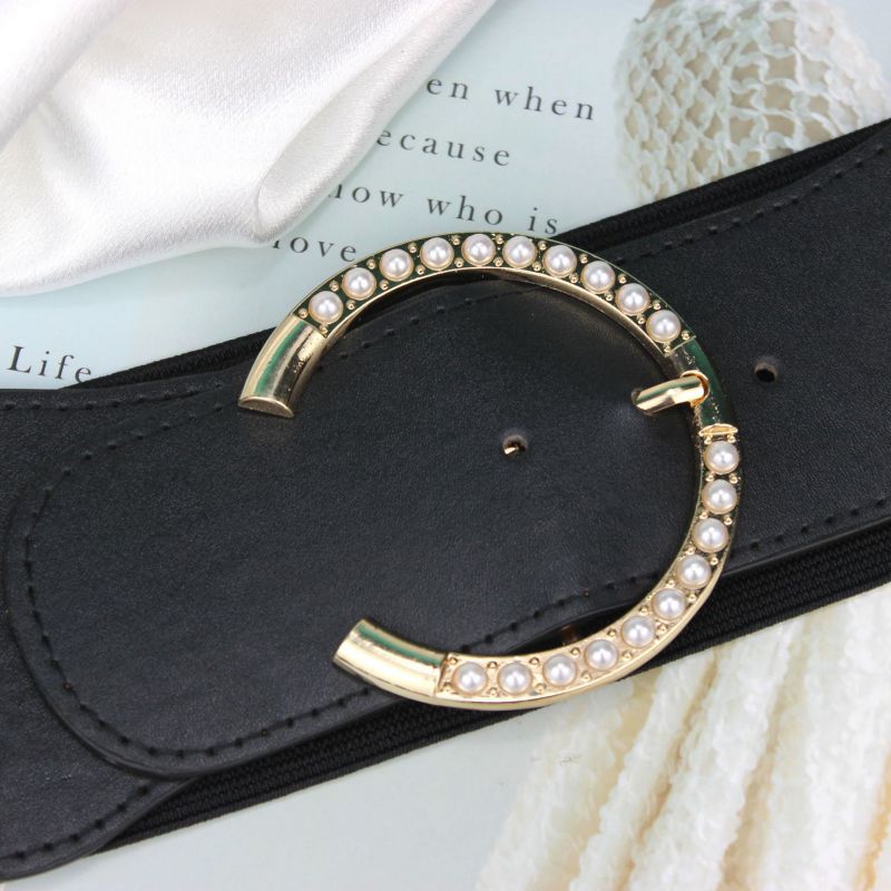 Fashion Black Wide Belt With Metal Pearl Round Buckle,Wide belts