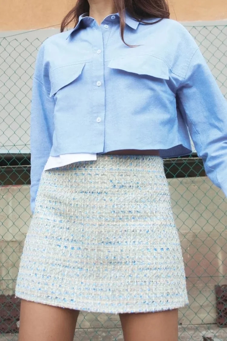 Fashion Light Blue Denim Lapel Buttoned Knee-length Skirt,Denim