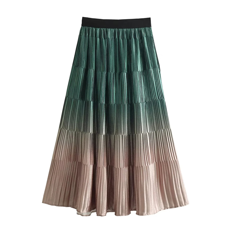 Fashion Green Dark Floral Satin Crinkled Gradient Skirt,Skirts