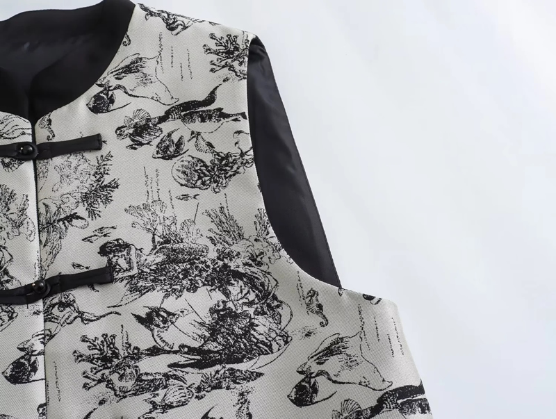 Fashion Pattern Satin Printed Disc-button Sleeveless Vest,Coat-Jacket