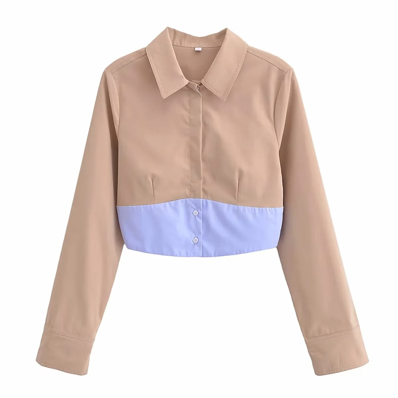 Fashion Khaki Woven Color-block Lapel Shirt,Blouses